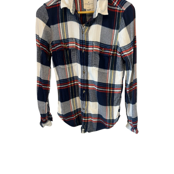 Women's American Eagle Flannel Plaid Button Down Shirt S Blue White Long Top - Picture 2 of 9